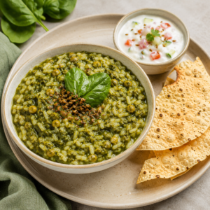 Palak Khichdi Bowl With Raita & Papad